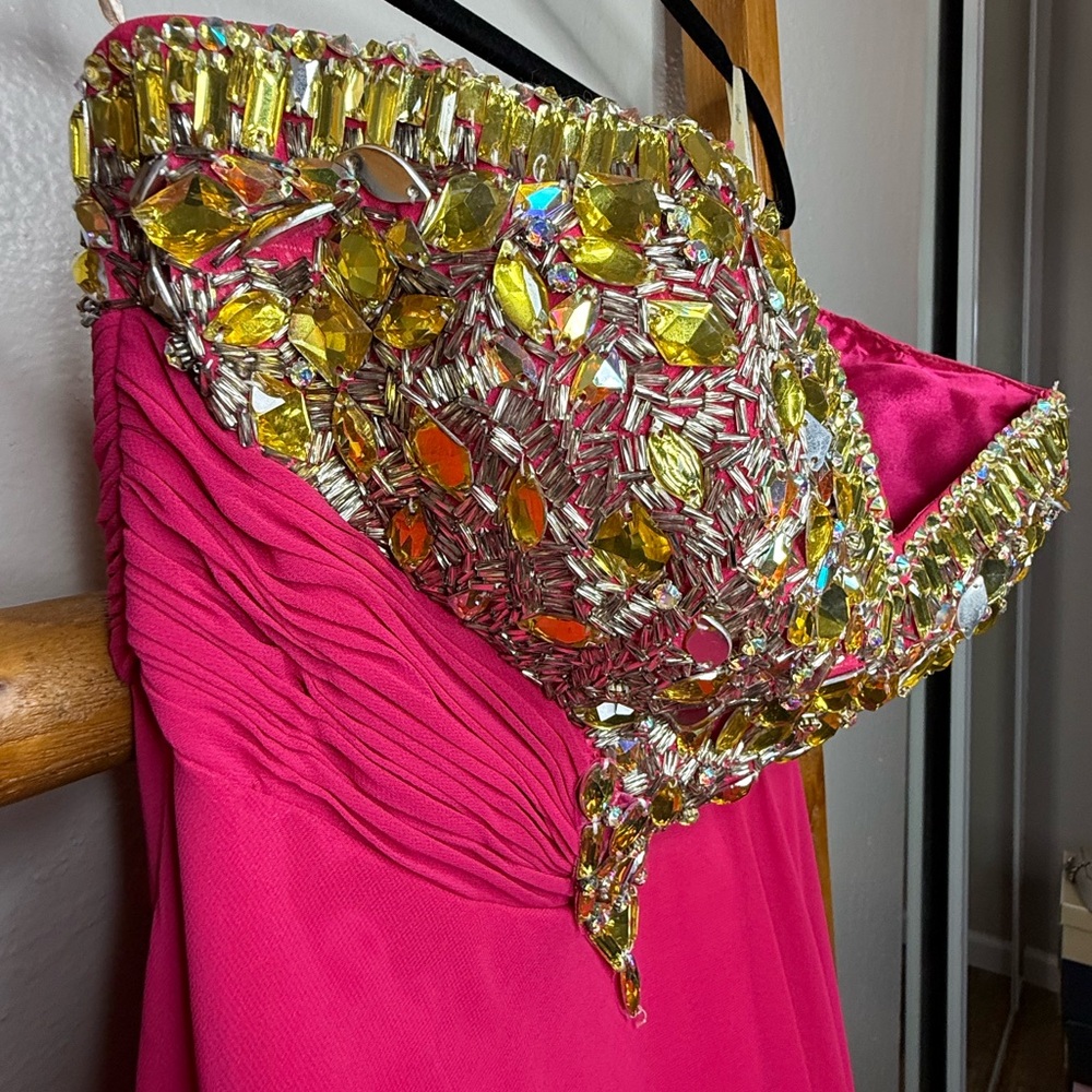 Beaded Pink Prom Dress with Orange Gold Sequins and Rhinestones - Picture 3 of 8